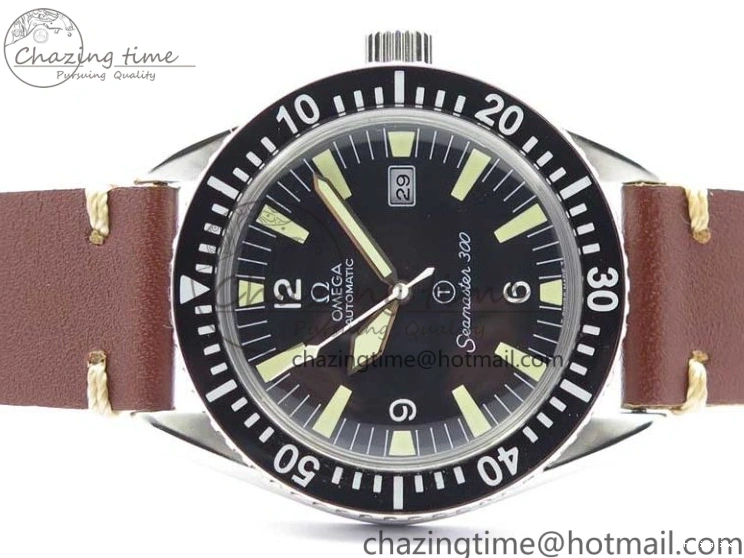 0115 Vintage Seamaster 300 Date T SS B12 Black Dial On Brown Leather Strap A2836 (Free Nylon Strap) WeatherProof 7911